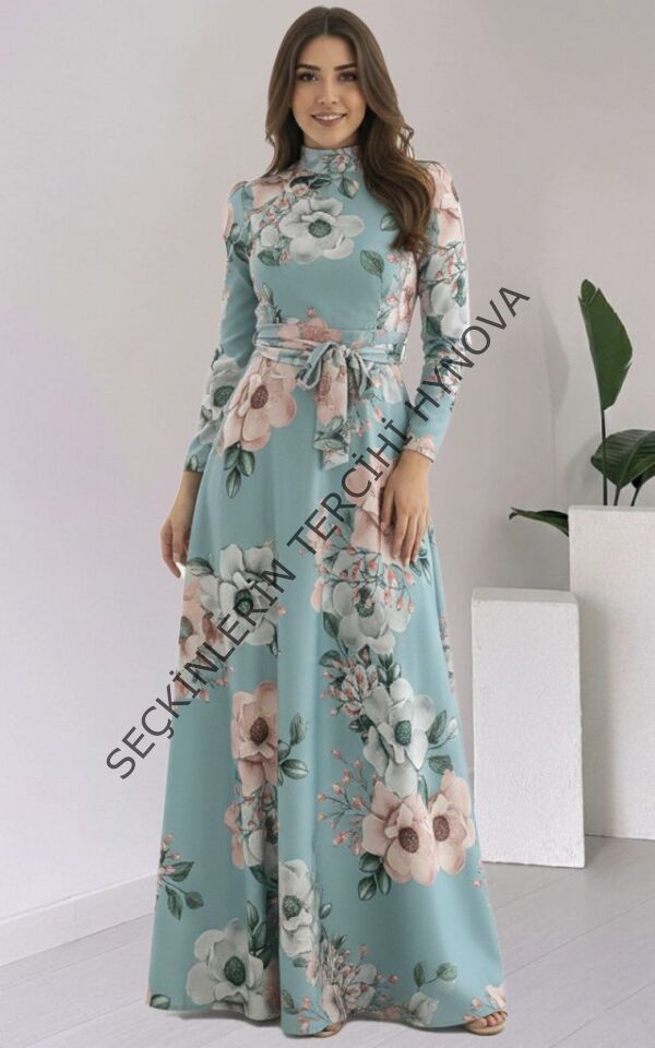 Kadın Uzun Kollu Yuvarlak Yakalı Beli Kuşaklı Desenli Süprem Uzun Elbise