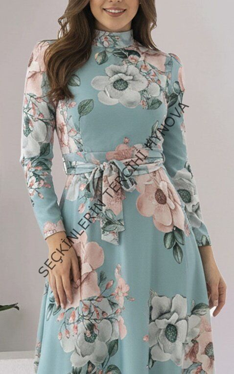 Kadın Uzun Kollu Yuvarlak Yakalı Beli Kuşaklı Desenli Süprem Uzun Elbise