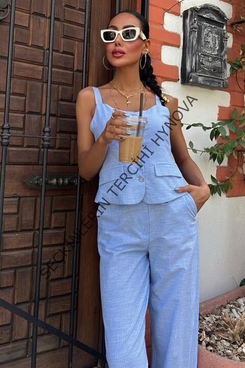 Kalın Askılı Bluz Pantolon Keten Takım 10187