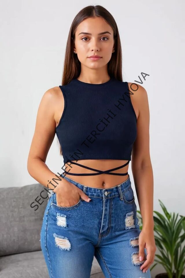 Kadın Lacivert Çapraz Bağlamalı Crop Top Büstiyer – Modern ve Şık Tasarım
