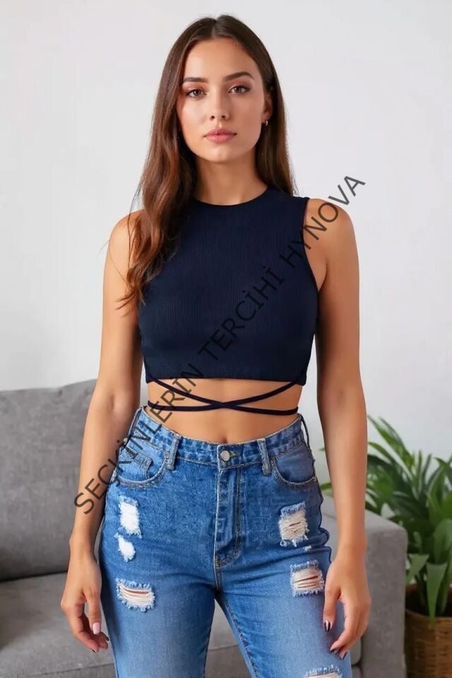 Kadın Lacivert Çapraz Bağlamalı Crop Top Büstiyer – Modern ve Şık Tasarım