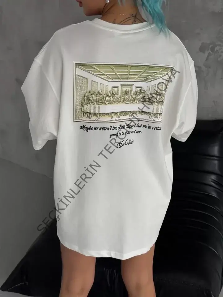 Unisex Baskılı Oversize T-Shirt - Beyaz