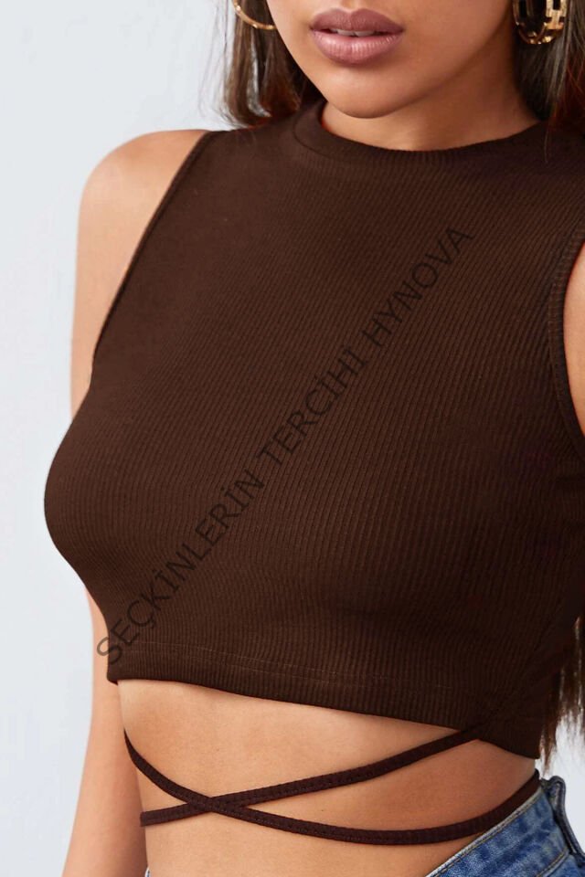 Kadın Kahverengi Çapraz Bağlamalı Crop Top Büstiyer – Modern ve Şık Tasarım