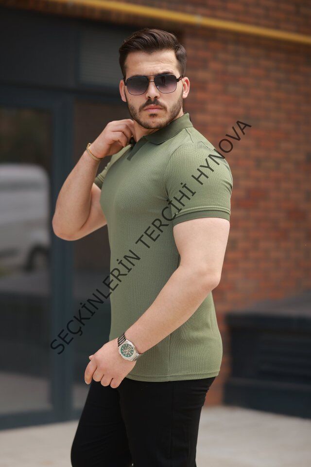 Erkek Yakalı Waffle Dokulu Kısa Kollu Tişört