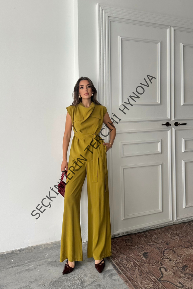 TENCEL MODAL KOLSUZ BLUZ KAPALI CEP DETAYLI DÖKÜMLÜ - PANTOLON TAKIM - Yağ Yeşili