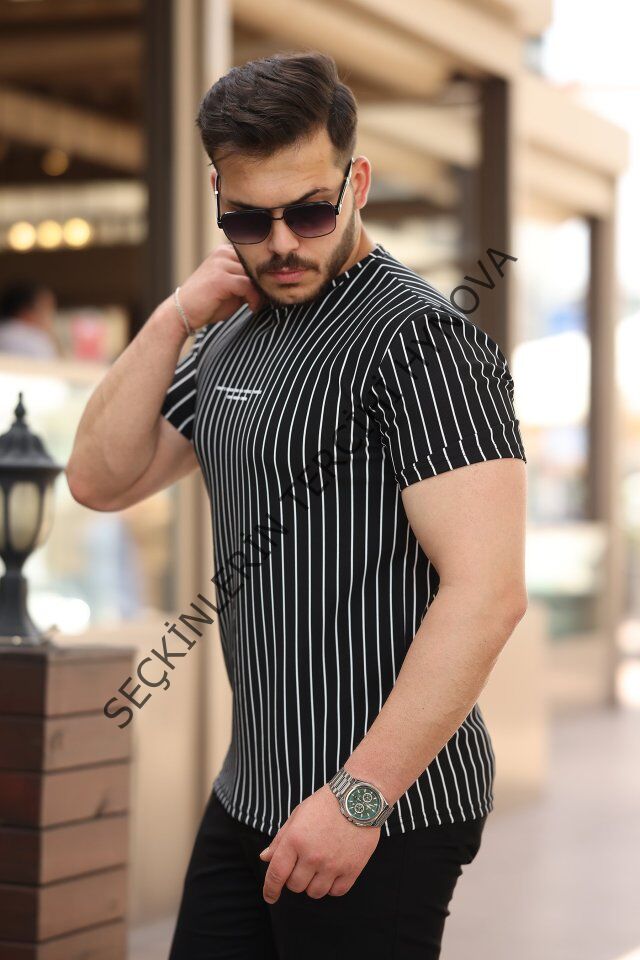 Erkek Dikey çizgili Ottoman Kumaş Kısa Kollu T-shirt