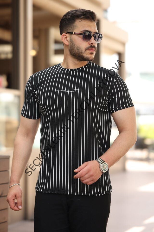 Erkek Dikey çizgili Ottoman Kumaş Kısa Kollu T-shirt