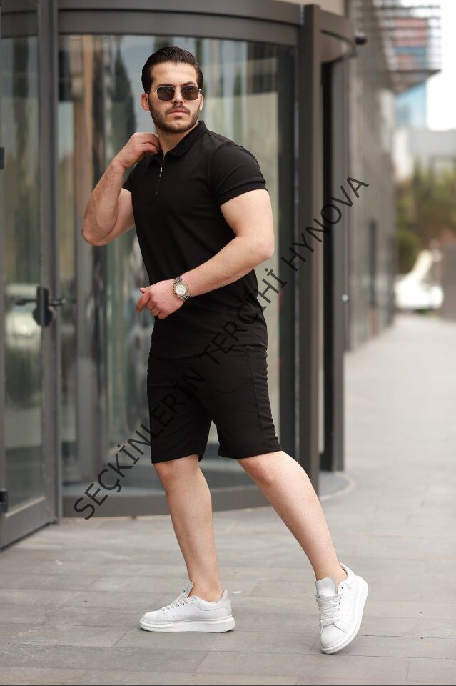 Erkek Yakalı Fermuarlı T-shirt şort Ikili Takım