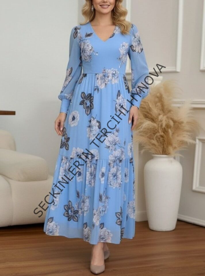 Kadın Uzun Kollu V Yakalı çiçek Desenli Maxi Süprem Elbise