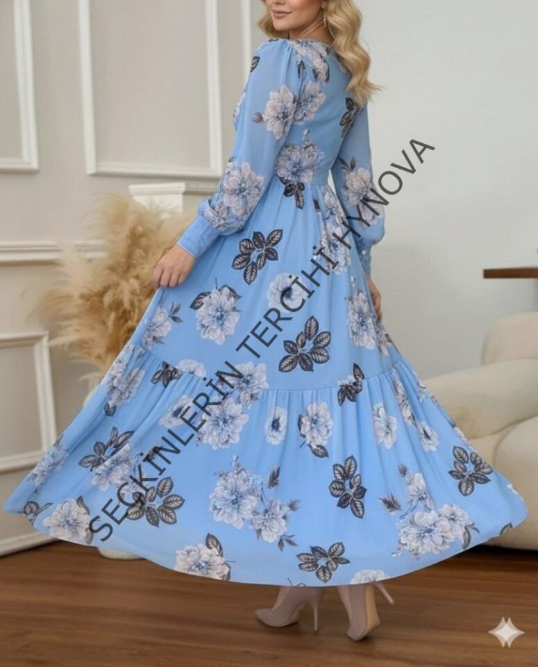 Kadın Uzun Kollu V Yakalı çiçek Desenli Maxi Süprem Elbise