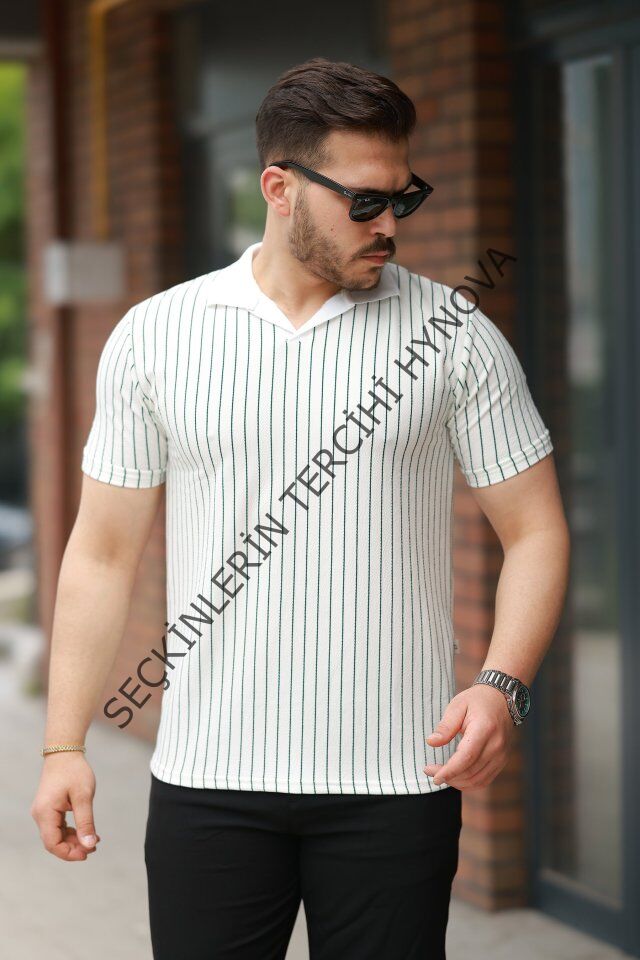 Erkek Yakalı çizgi Desenli Kısa Kollu Tişört