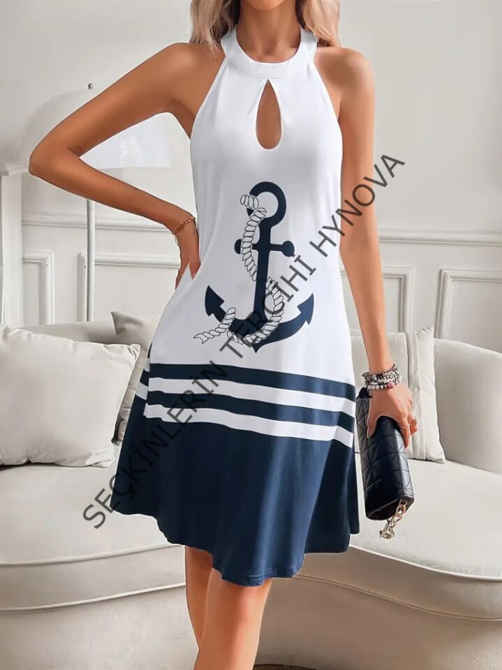 Kadın Askılı çıpa Baskılı Sırtı Açık Kısa Süprem Elbise