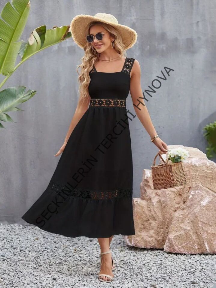 Kadın Askılı Dantel Detaylı Kiloş Janjan Krep Elbise