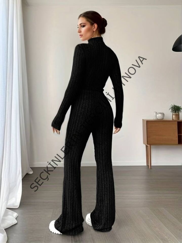 Kadın Uzun Kollu Balıkçı Yaka Krop Ve Pantolon şardonlu Kaşkorse Ikili Takım