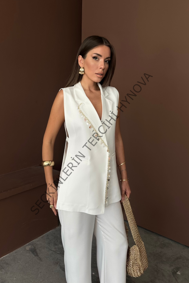 YAKA MİDYE KABUĞU SIRALI YELEK - PANTOLONTAKIM KETEN KUMAŞ - Beyaz