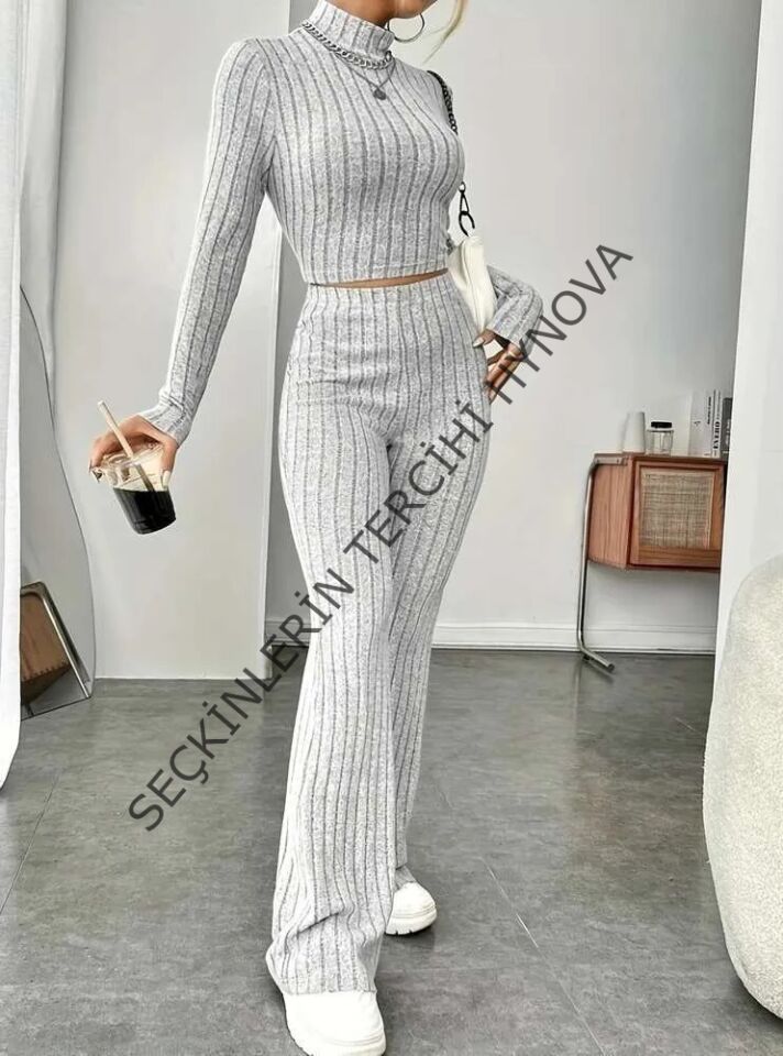 Kadın Uzun Kollu Balıkçı Yaka Krop Ve Pantolon şardonlu Kaşkorse Ikili Takım