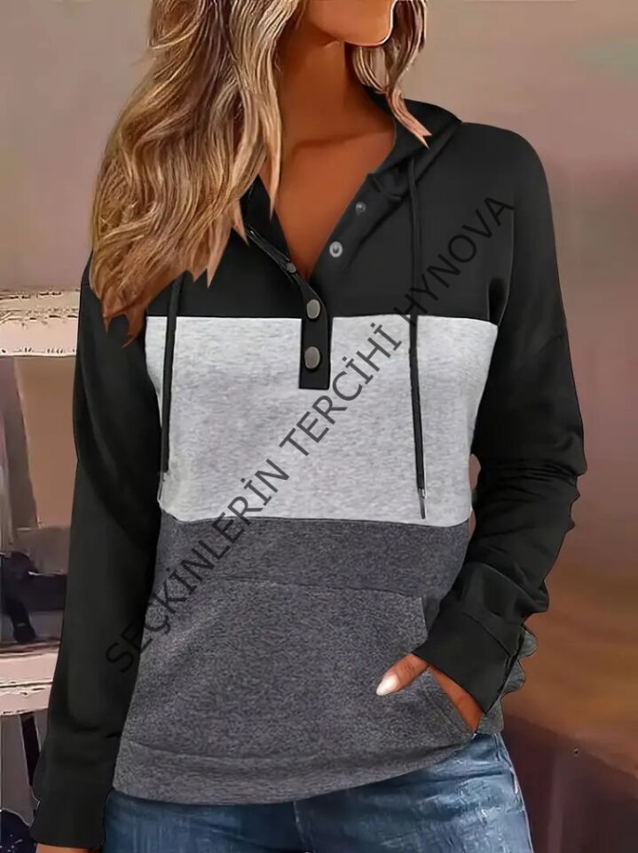 Kadın Uzun Kollu Kapşonlu çok Renkli Iki Iplik Bluz