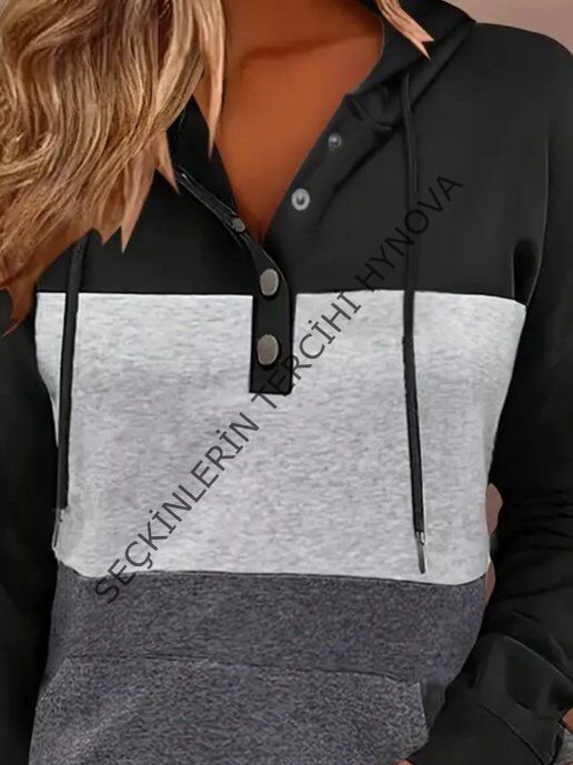 Kadın Uzun Kollu Kapşonlu çok Renkli Iki Iplik Bluz