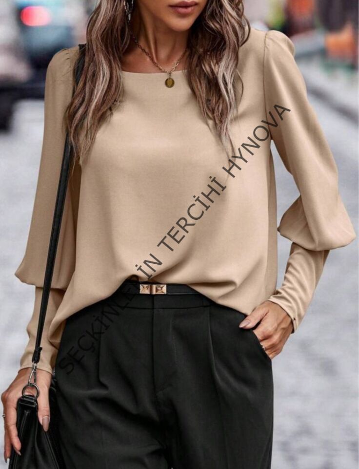 Kadın Uzun Kollu Yuvarlak Yakalı Düğmeli Ithal Krep Bluz