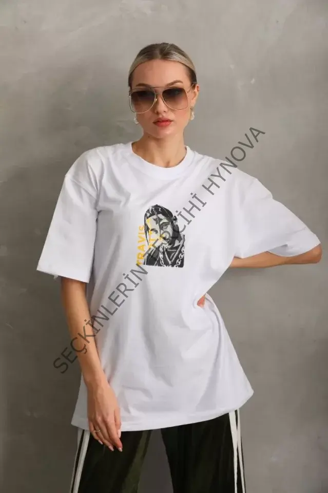 Unisex Baskılı Oversize T-Shirt - Beyaz