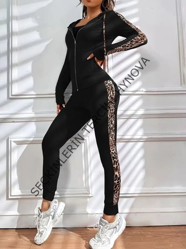 Kadın Uzun Kollu Kapşonlu Fermuarlı Bağcıklı Viskon Iki Iplik Bluz Ve Pantolon Tayt