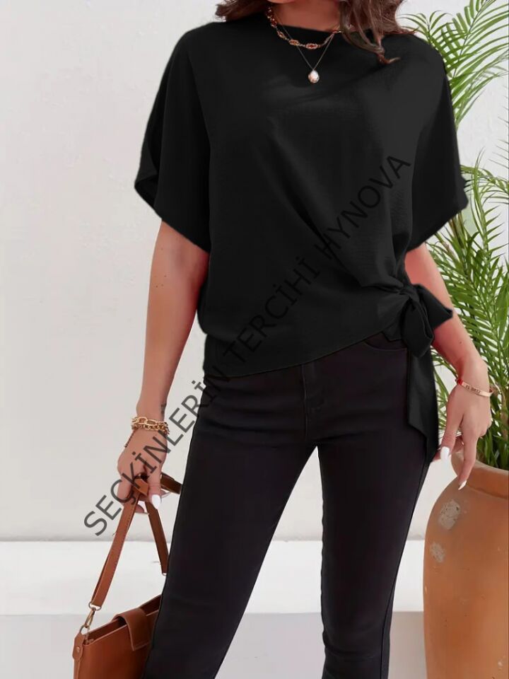 Kadın Kısa Kollu Bisiklet Yaka Yandan Bağlamalı Aerobin Bluz