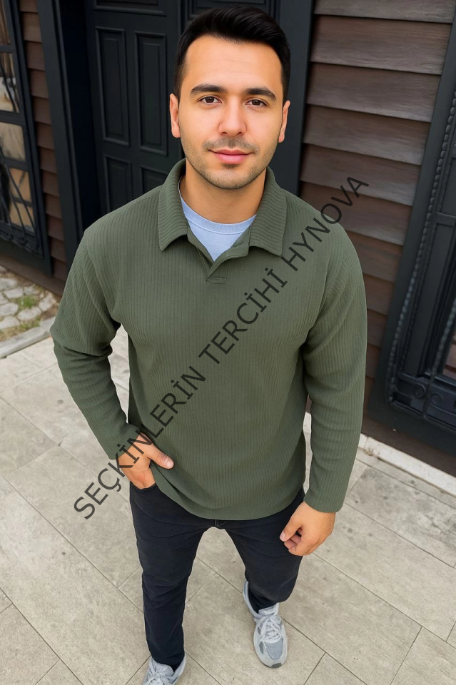 Erkek Fitilli Polar Sweatshirt – Düğmesiz Polo Yaka, Oversize Rahat Kalıp, Kalın Polar Kumaş, Kışlık Ve Baharlık Şık Günlük Üst - Haki