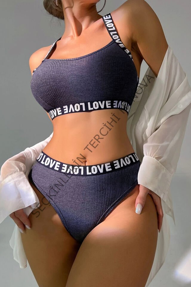 Kadın Lacivert Çapraz Sırt Ve Love Yazı Detaylı Iç Çamaşır Takımi