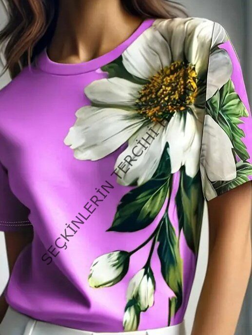 Kadın Kısa Kollu Bisiklet Yaka çiçek Baskılı Süprem Bluz