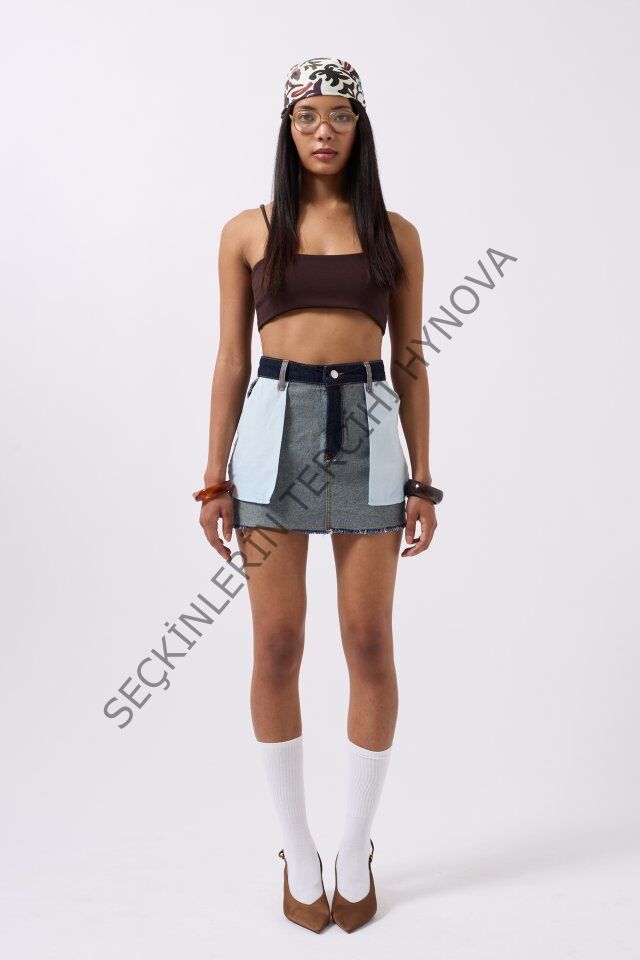 Ters Detay Denim Mini Etek