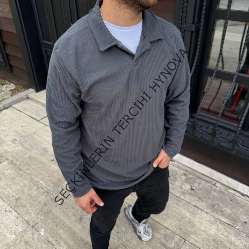 Erkek Fitilli Polar Sweatshirt – Düğmesiz Polo Yaka, Oversize Rahat Kalıp, Kalın Polar Kumaş, Kışlık Ve Baharlık Şık Günlük Üst - Füme