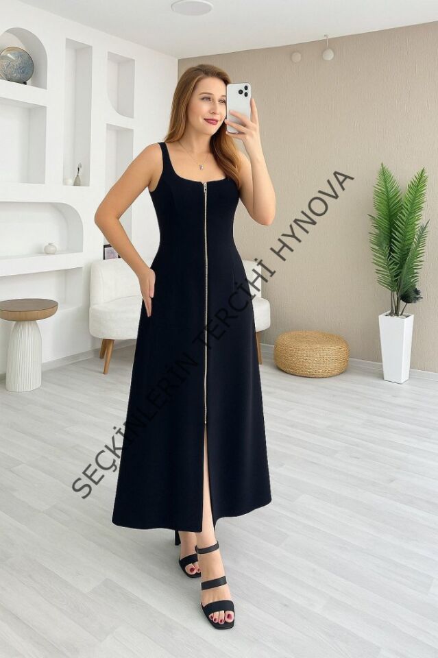 Kadın Askılı Kare Yaka önden Fermuarlı Geniş Kesim Janjan Krep Elbise