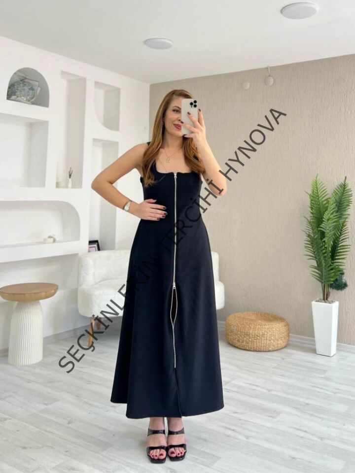 Kadın Askılı Kare Yaka önden Fermuarlı Geniş Kesim Janjan Krep Elbise