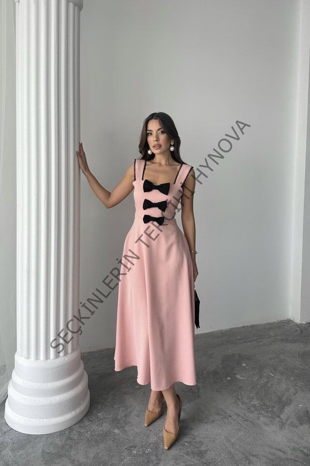 Pudra Fiyonk Garnili Dantelli Elbise