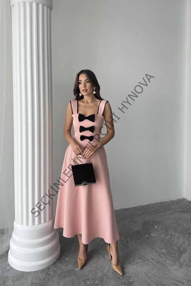 Pudra Fiyonk Garnili Dantelli Elbise