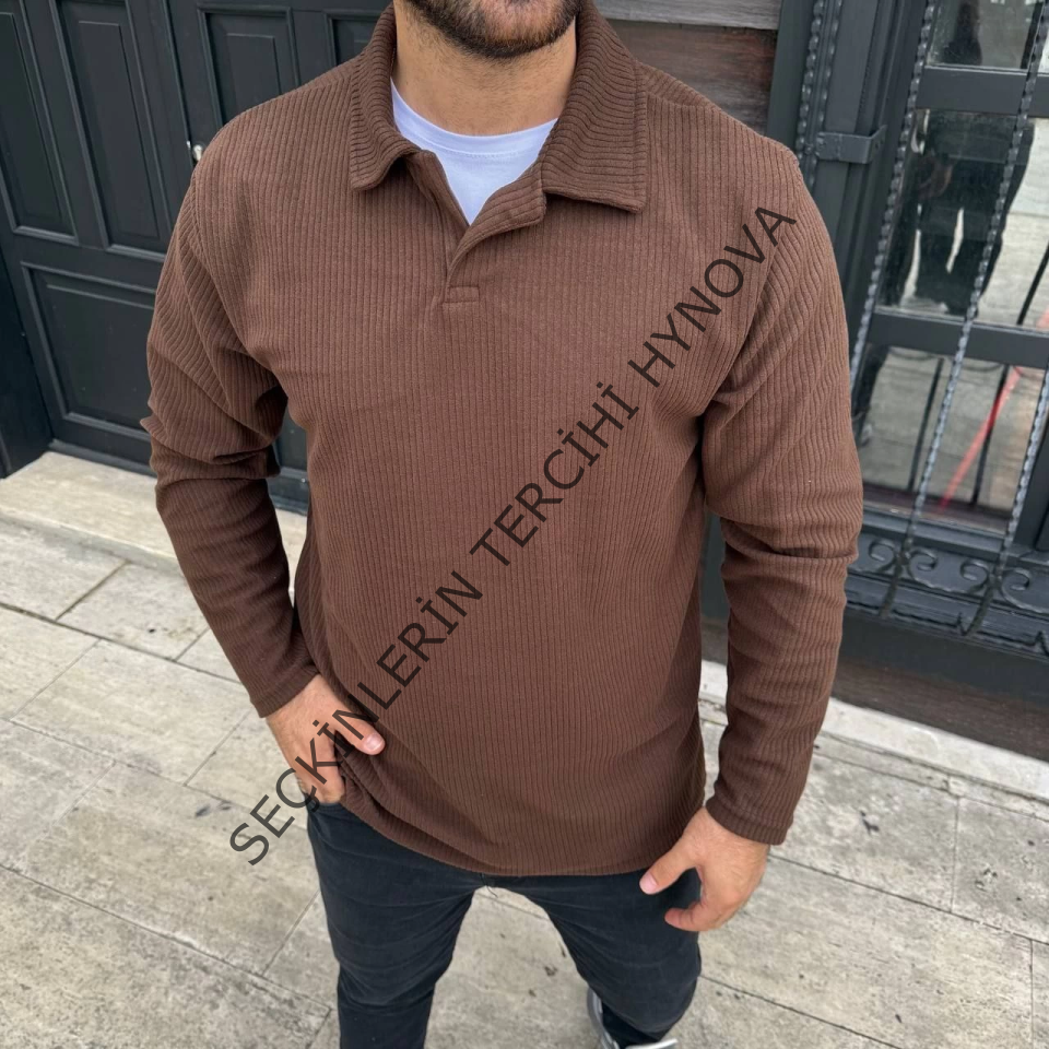 Erkek Fitilli Polar Sweatshirt – Düğmesiz Polo Yaka, Oversize Rahat Kalıp, Kalın Polar Kumaş, Kışlık Ve Baharlık Şık Günlük Üst - Kahverengi