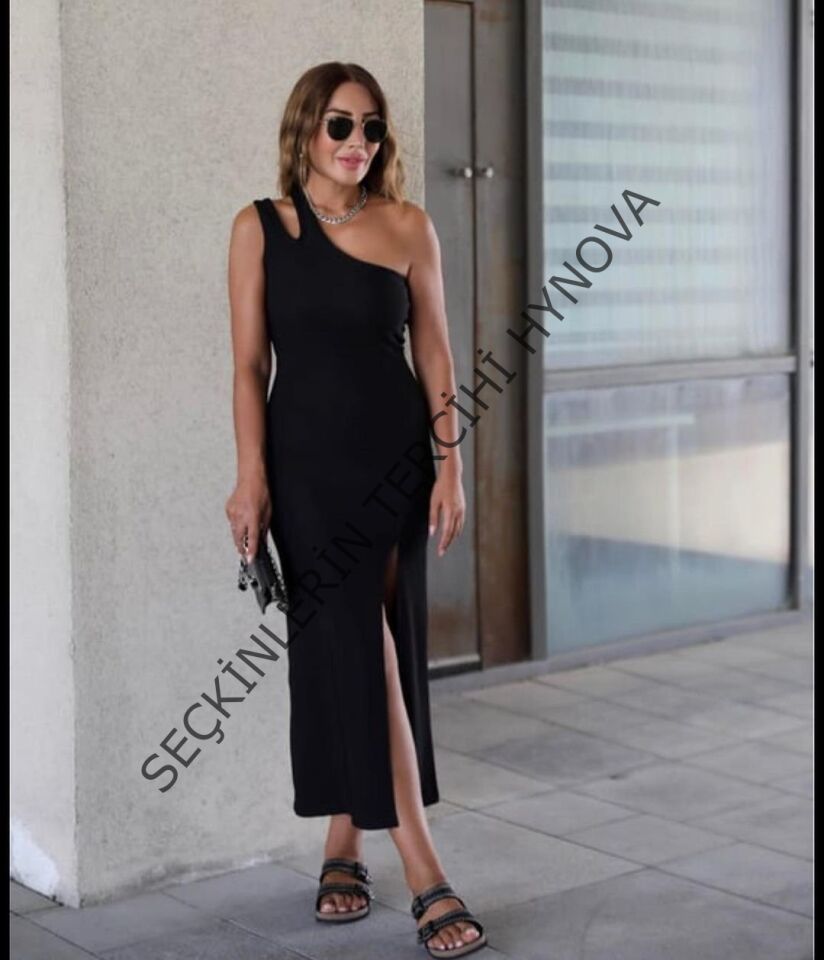 Kadın Tek Omuz Damla Detay Ottoman Kumaş Elbise