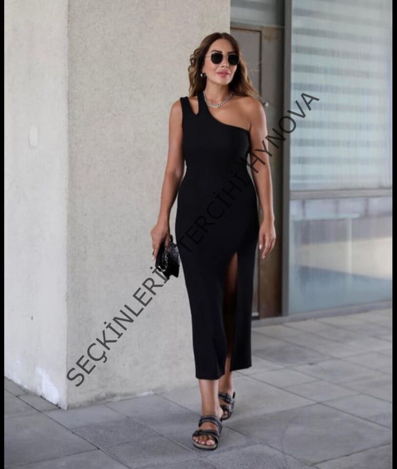 Kadın Tek Omuz Damla Detay Ottoman Kumaş Elbise