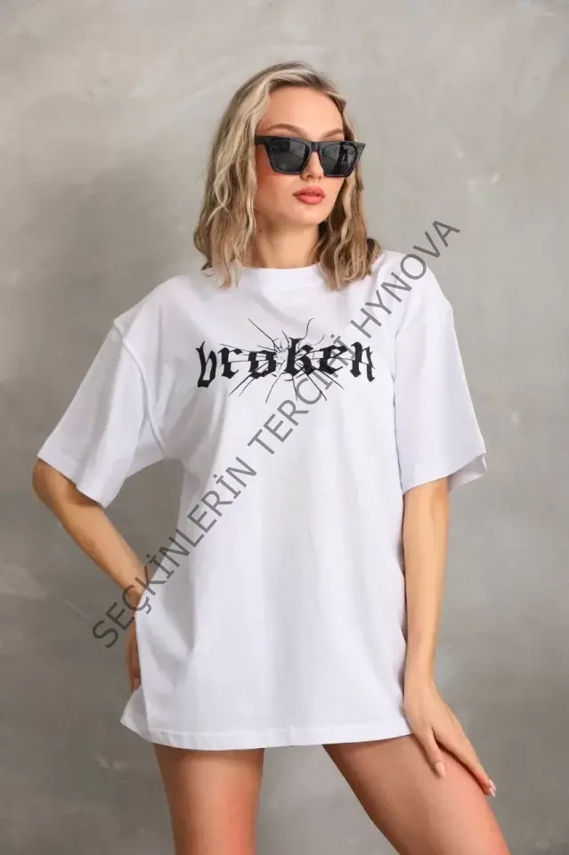 Unisex Baskılı Oversize T-Shirt - Beyaz