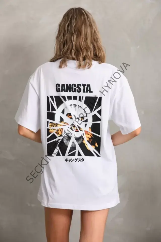 Unisex Baskılı Oversize T-Shirt - Beyaz