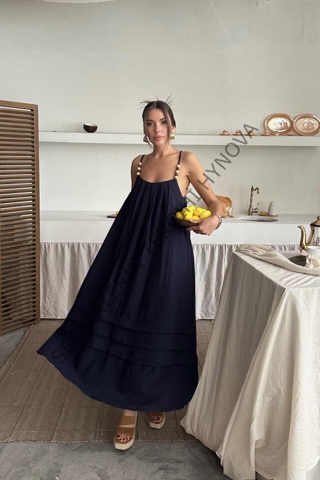 Lacivert Askılı Müslin Elbise