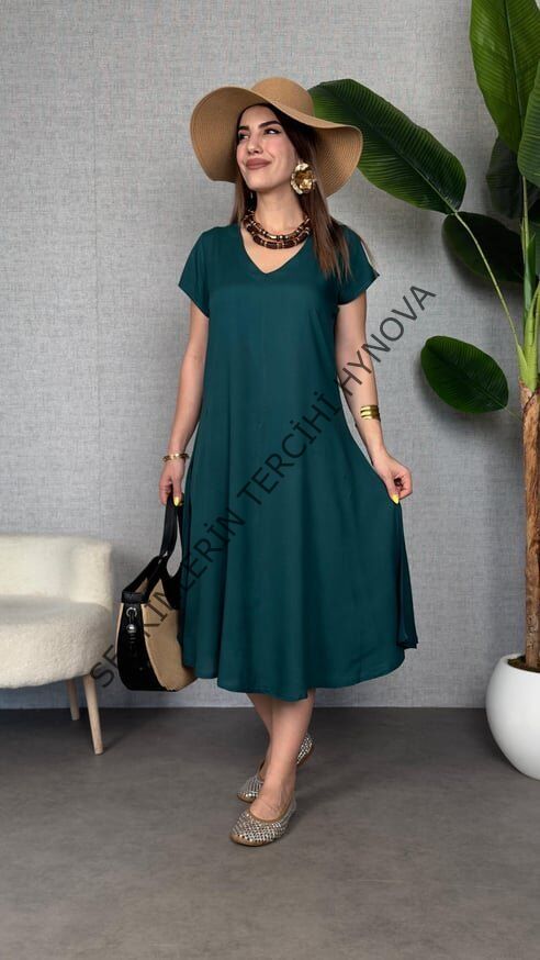 Kadın Kısa Kollu V Yaka Salaş Maxi Boy Elbise
