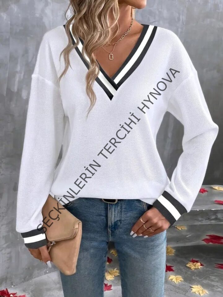 Kadın Uzun Kollu V Yakalı Waffle Bluz