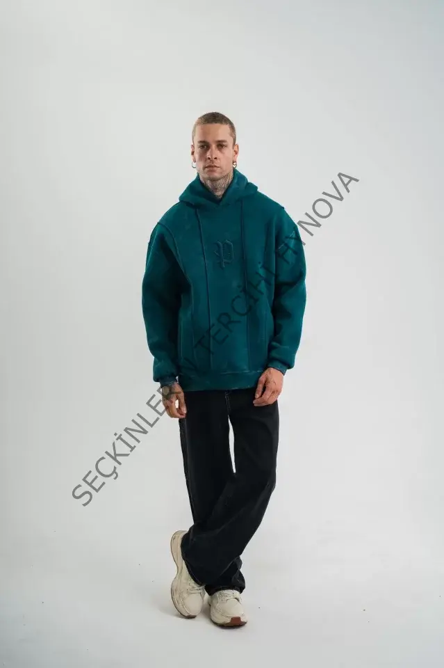 Unisex Uzun Kol Kapşonlu Yıkamalı Nakışlı SweatShirt - Koyu Deniz Yeşili