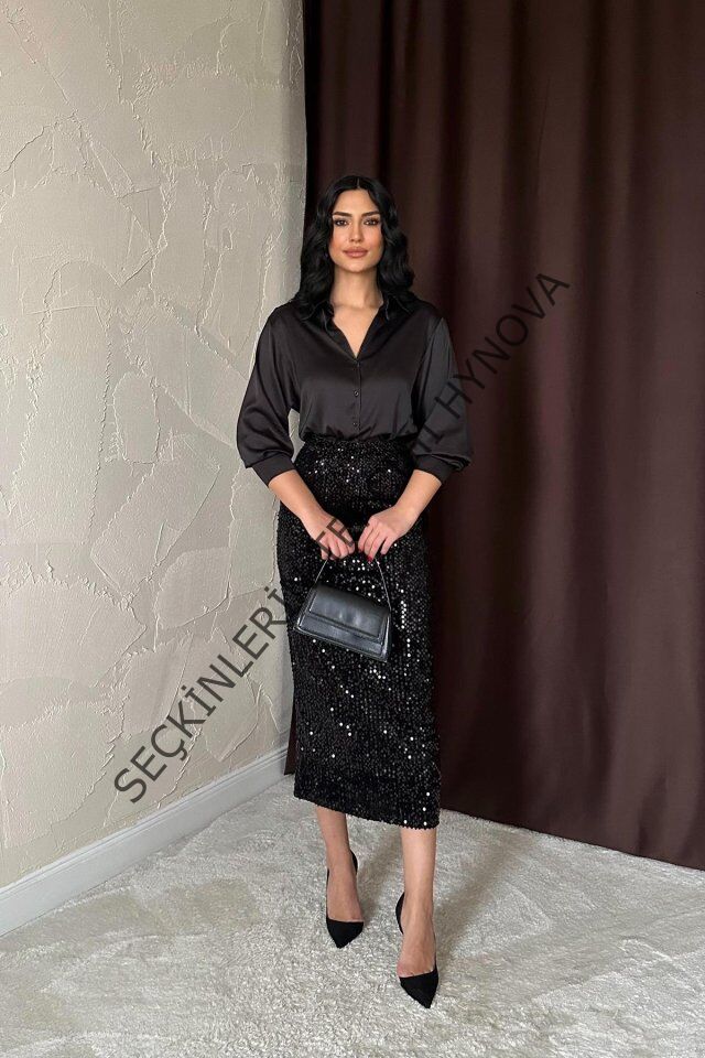 Siyah Pulpayetli Parlak Etek