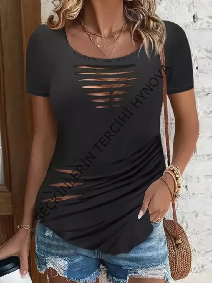 Kadın Kısa Kollu Yakası Açık Lazer Kesik Detaylı Viskon Bluz