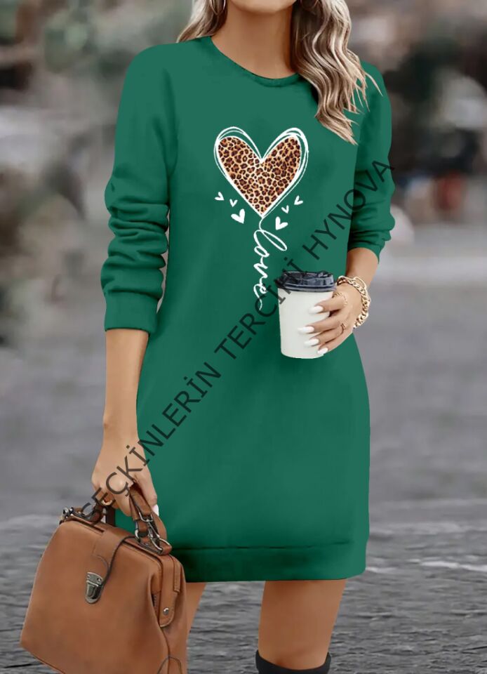Kadın Uzun Kollu Bisiklet Yaka Kalp Desenli Kısa Viskon Elbise