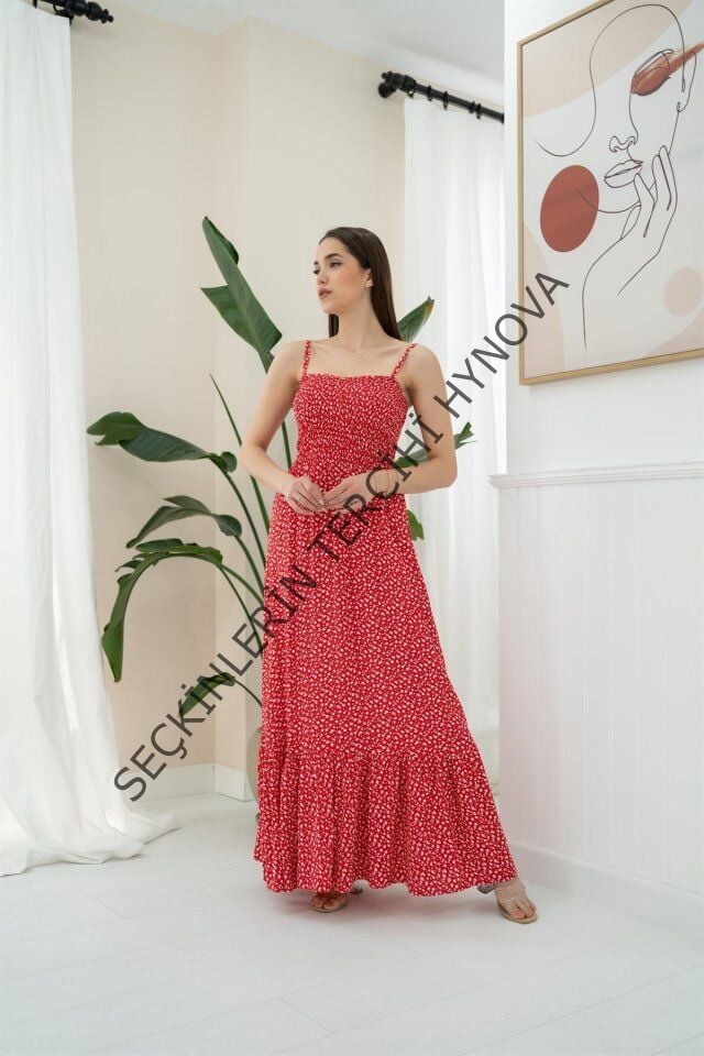 Kırmızı Eteği Fırfırlı Elbise