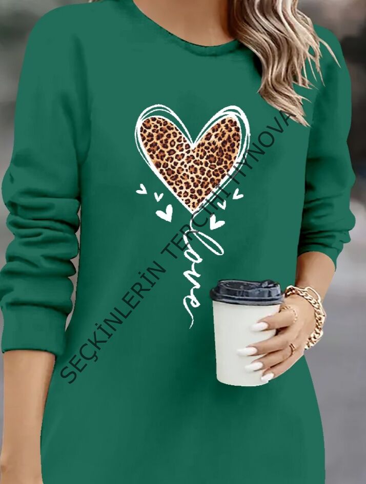 Kadın Uzun Kollu Bisiklet Yaka Kalp Desenli Kısa Viskon Elbise