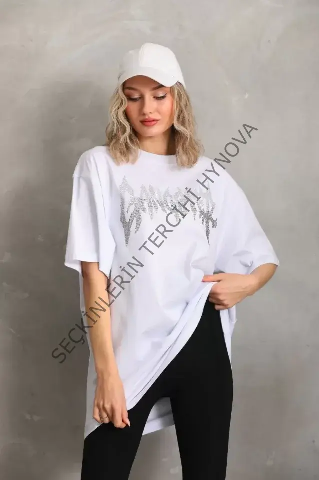 Unisex Taş Desenli Oversize T-Shirt - Beyaz